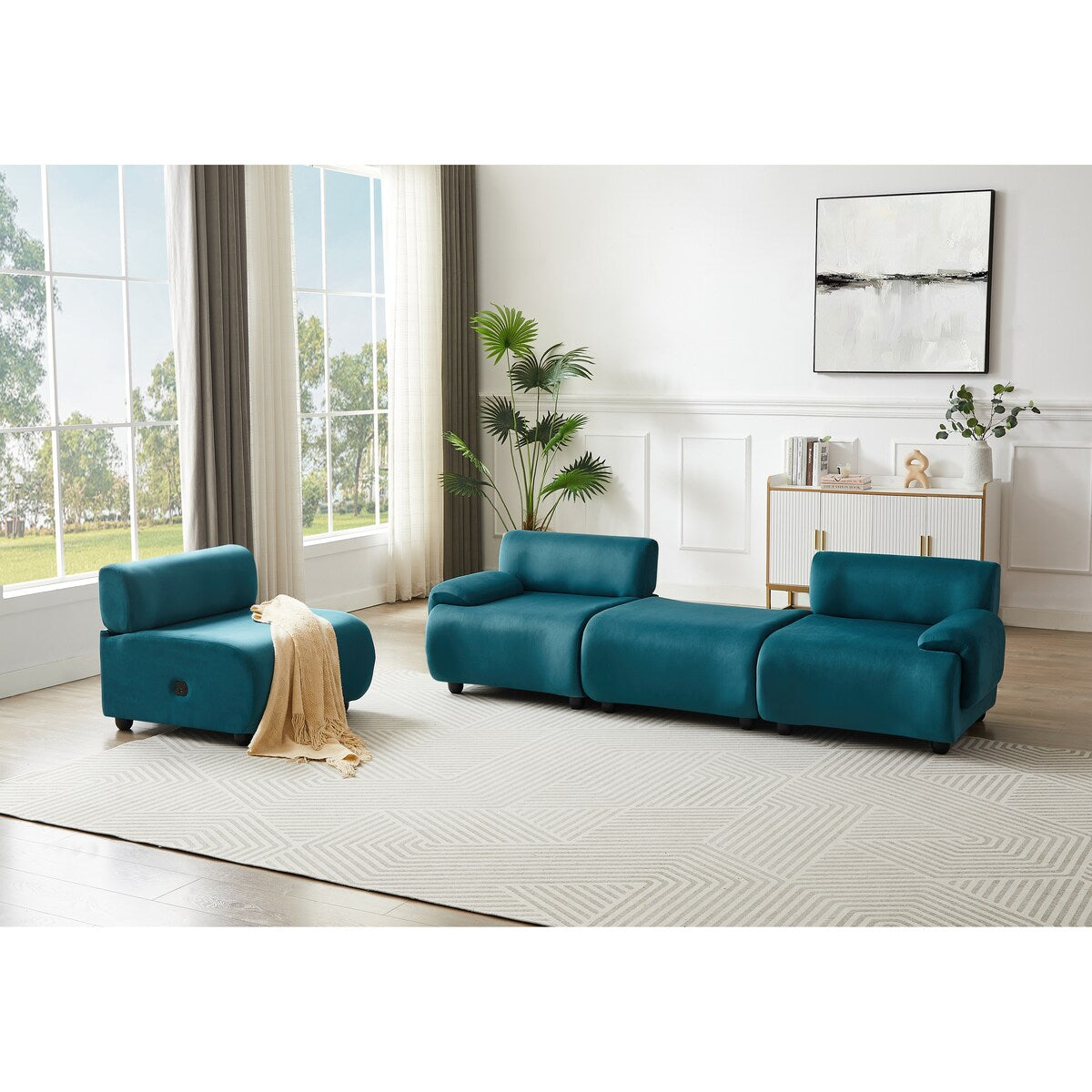 105" Blue Lambswool 3-Seat Modular Sectional Sofa with Ottoman, Deep Seat Cloud Couch