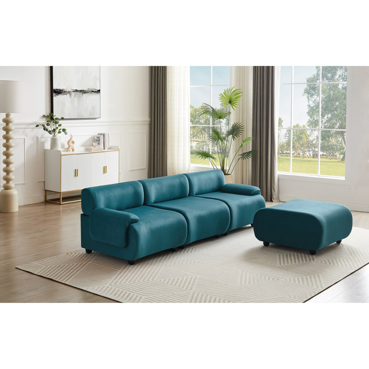 105" Blue Lambswool 3-Seat Modular Sectional Sofa with Ottoman, Deep Seat Cloud Couch