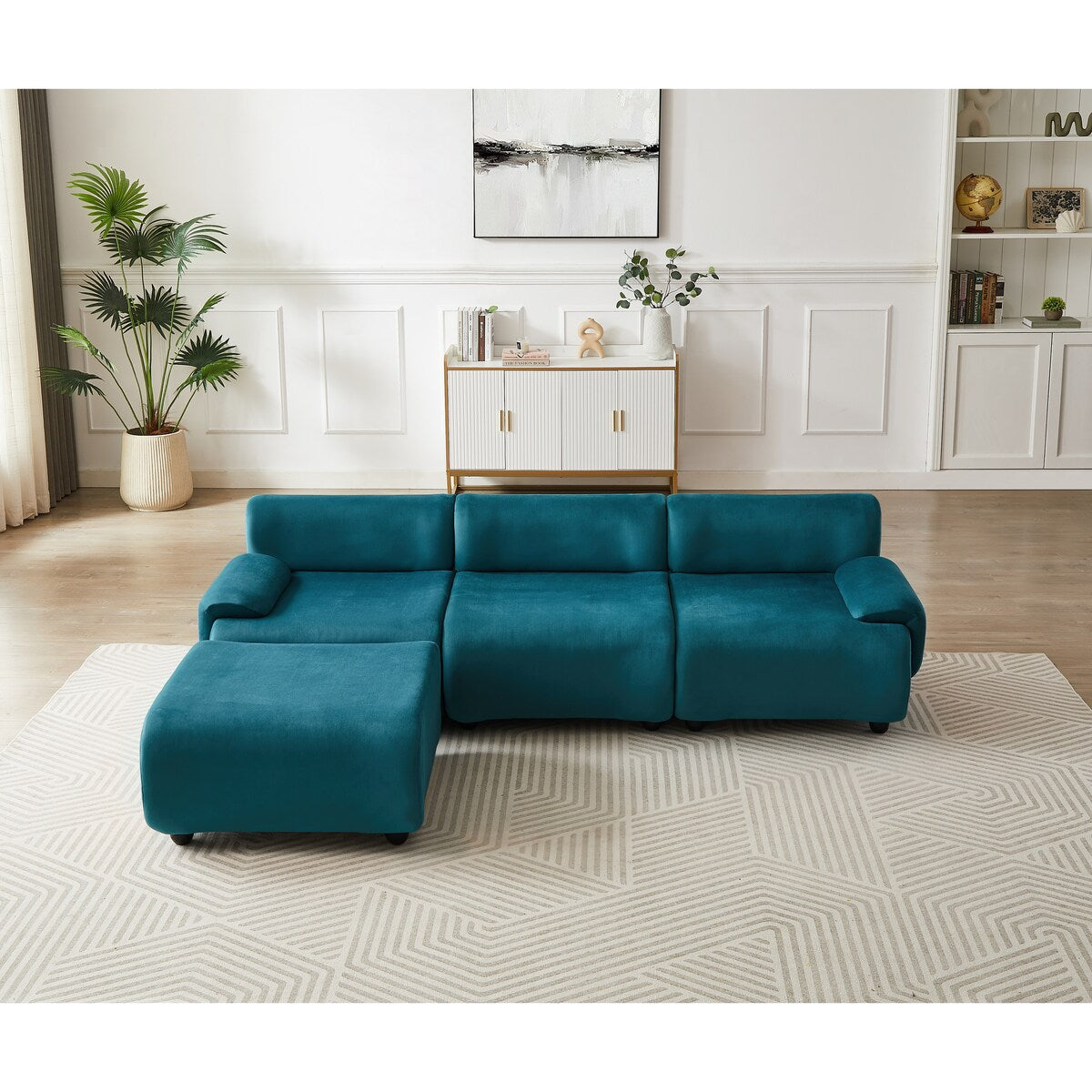 105" Blue Lambswool 3-Seat Modular Sectional Sofa with Ottoman, Deep Seat Cloud Couch