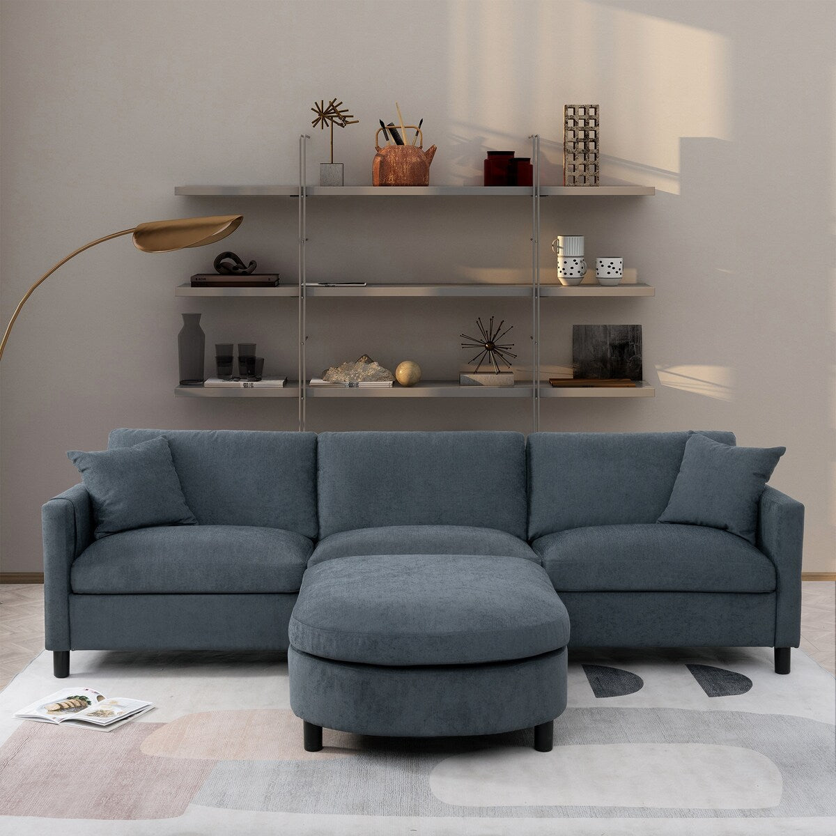 107.87" Sectional Sofa with Ottoman, Removable Cushions and Armrest Pockets,Dark Gray