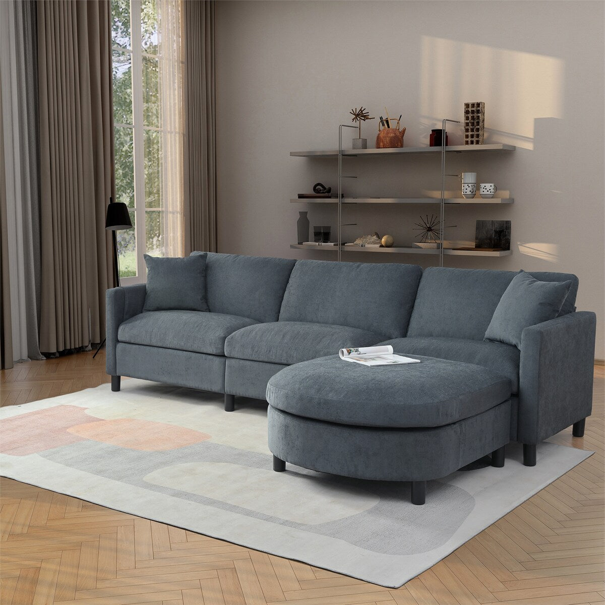107.87" Sectional Sofa with Ottoman, Removable Cushions and Armrest Pockets,Dark Gray