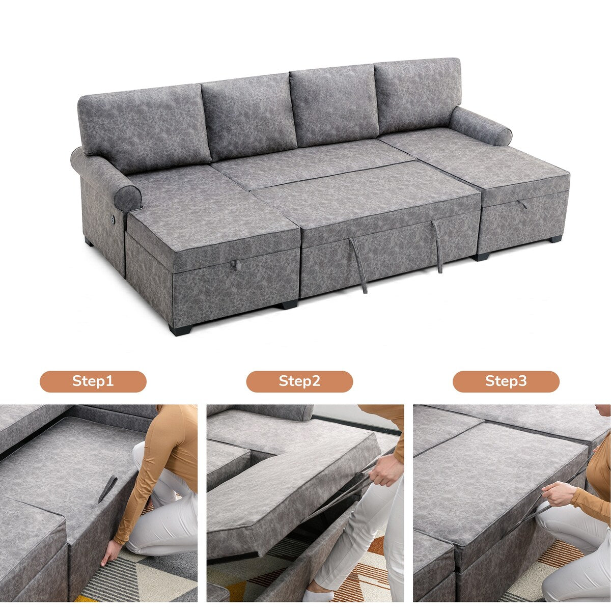 108"Reversible Pull-out U-shaped Sofa Bed w/Storage Chaise,2 USB Ports