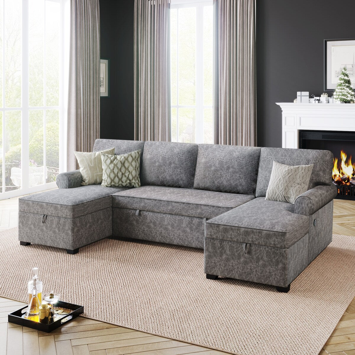 108"Reversible Pull-out U-shaped Sofa Bed w/Storage Chaise,2 USB Ports