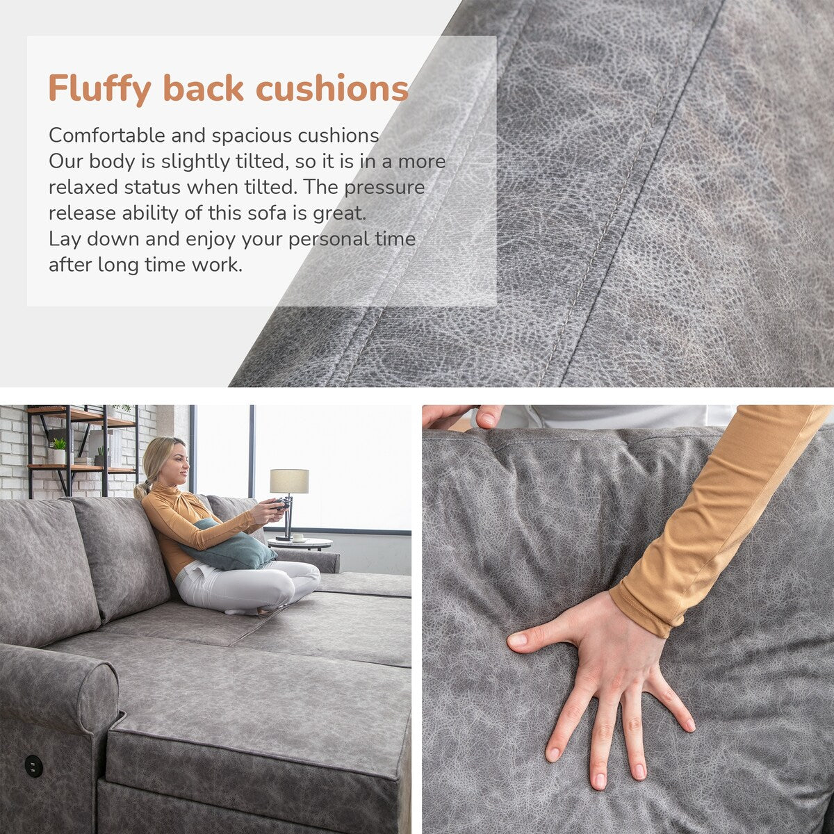 108"Reversible Pull-out U-shaped Sofa Bed w/Storage Chaise,2 USB Ports