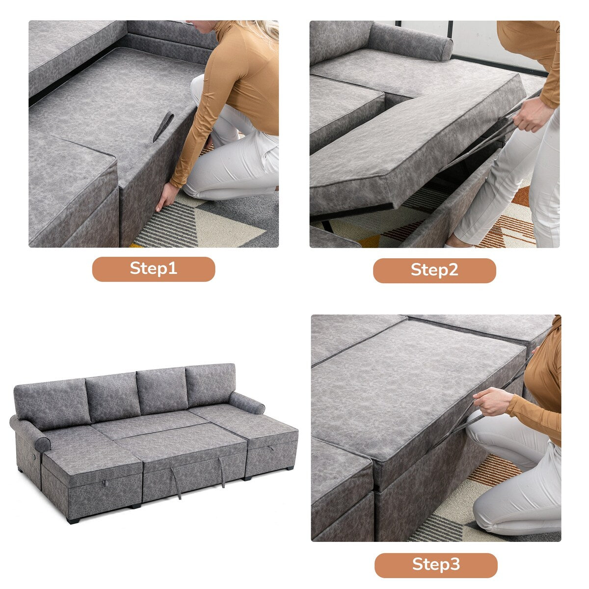108"Reversible Pull-out U-shaped Sofa Bed w/Storage Chaise,2 USB Ports