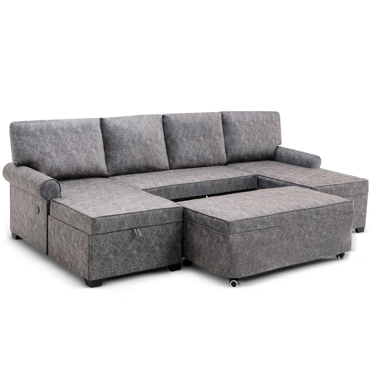 108"Reversible Pull-out U-shaped Sofa Bed w/Storage Chaise,2 USB Ports