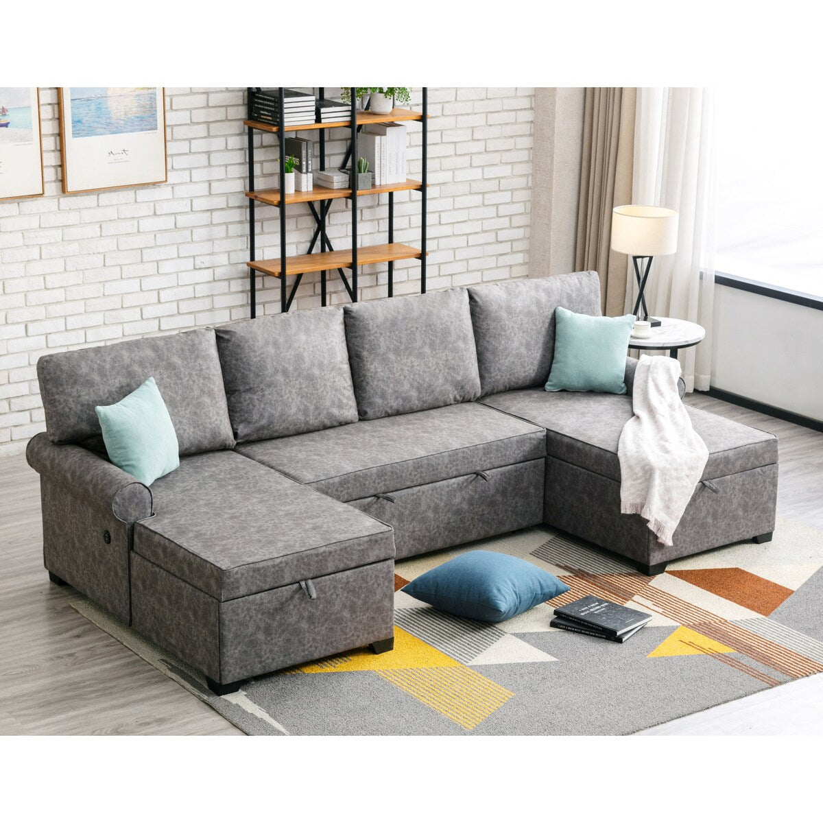 108"Reversible Pull-out U-shaped Sofa Bed w/Storage Chaise,2 USB Ports