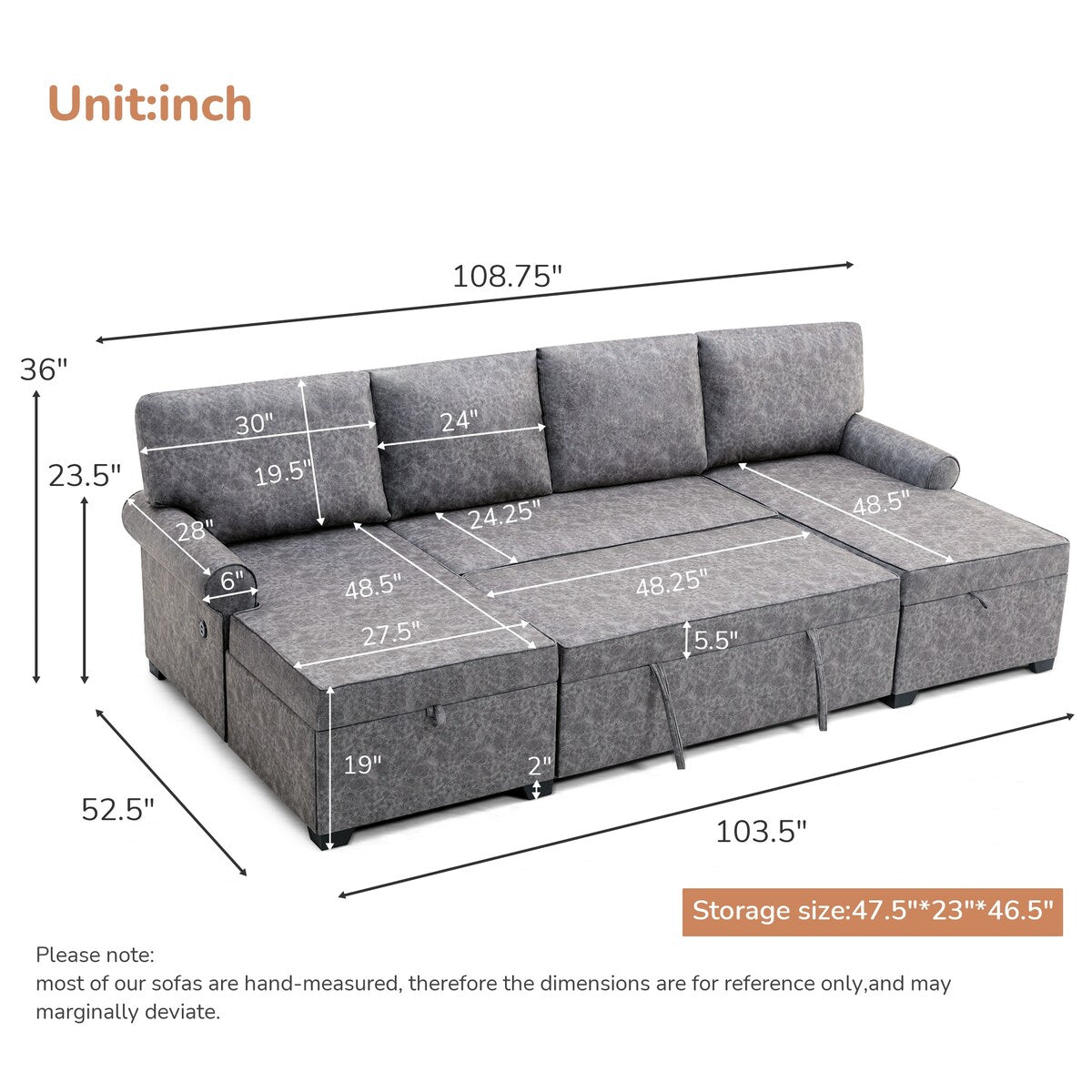 108"Reversible Pull-out U-shaped Sofa Bed w/Storage Chaise,2 USB Ports