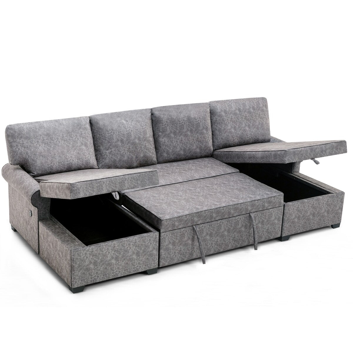 108"Reversible Pull-out U-shaped Sofa Bed w/Storage Chaise,2 USB Ports