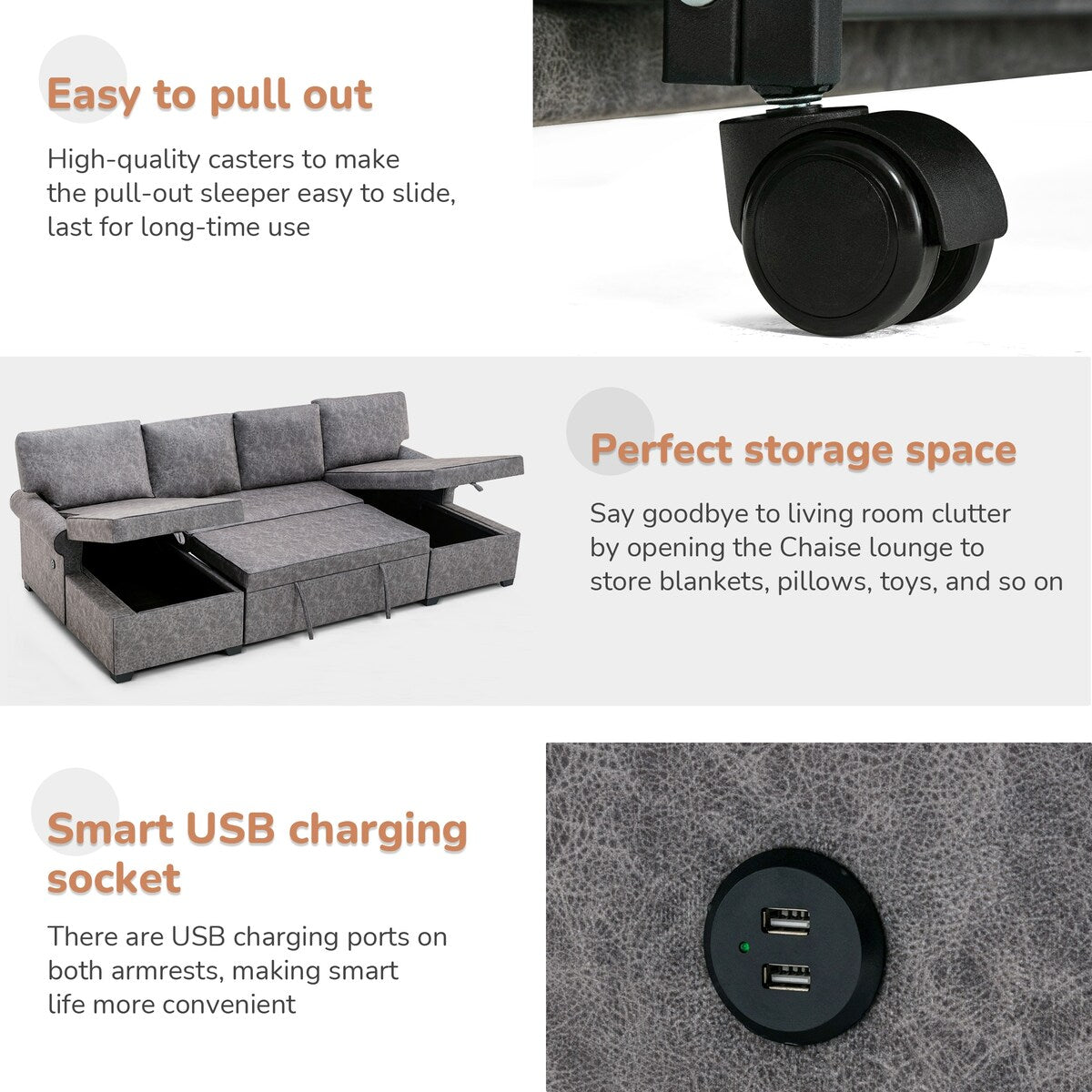 108"Reversible Pull-out U-shaped Sofa Bed w/Storage Chaise,2 USB Ports