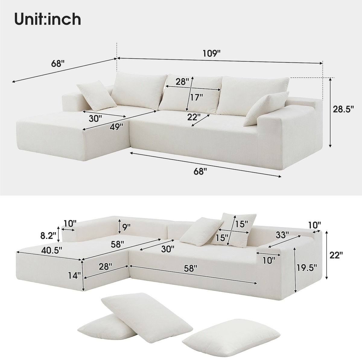 109*68" Modular Sectional Sofa Set,Upholstered Sleeper Sofa for Living Room, Bedroom, Salon, 2 PC Free Combination, L-Shape