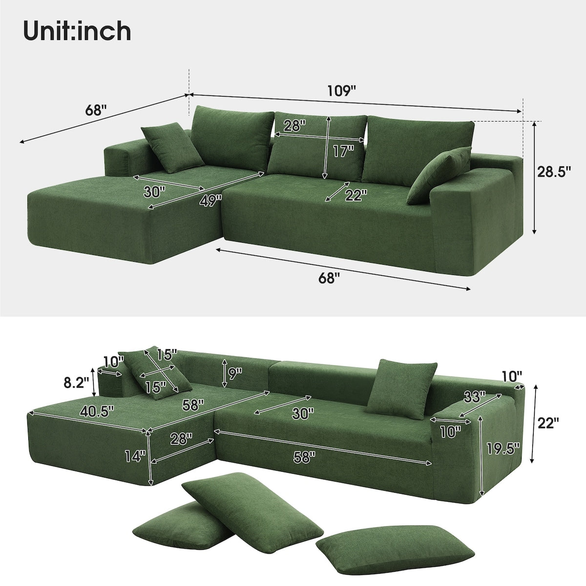 109*68" Modular Sectional Sofa Set,Upholstered Sleeper Sofa for Living Room, Bedroom, Salon, 2 PC Free Combination, L-Shape