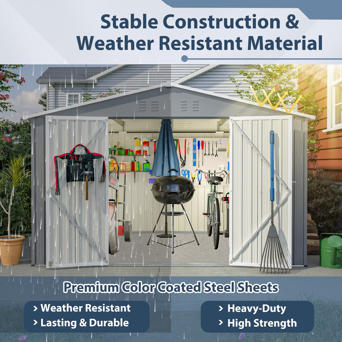 10X8 FT Outdoor Storage Shed, All Weather Metal Sheds with Metal Foundation & Lockable Doors, Tool Shed for Garden, Patio