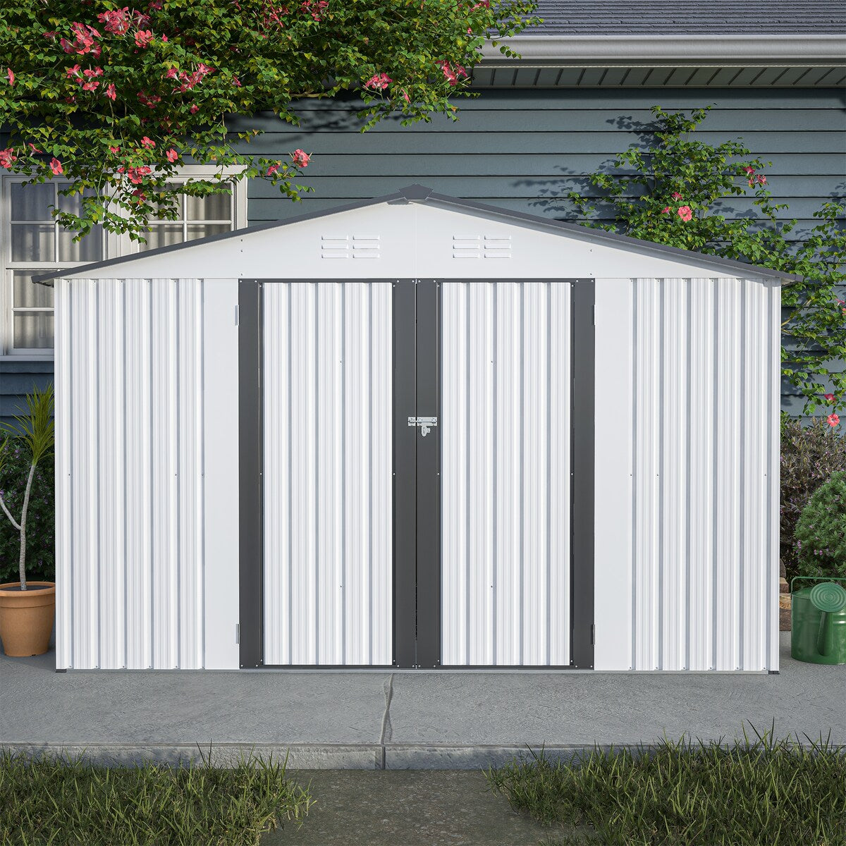 10X8 FT Outdoor Storage Shed, All Weather Metal Sheds with Metal Foundation & Lockable Doors, Tool Shed for Garden, Patio