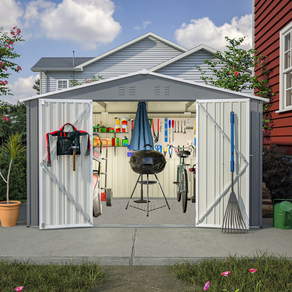 10X8 FT Outdoor Storage Shed, All Weather Metal Sheds with Metal Foundation & Lockable Doors, Tool Shed for Garden, Patio