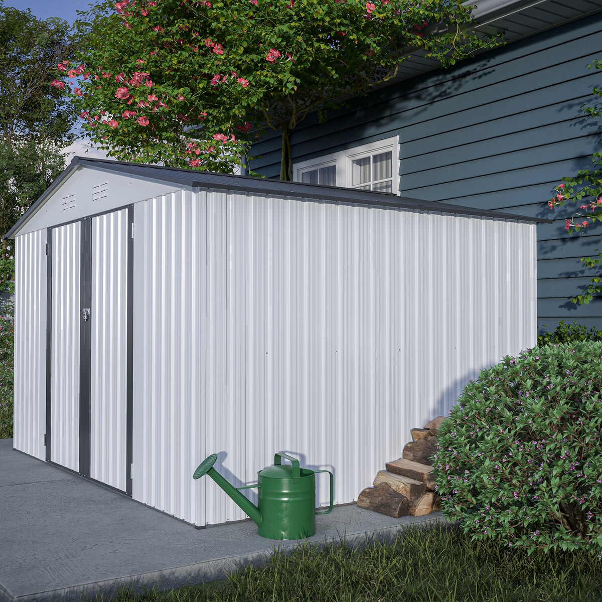 10X8 FT Outdoor Storage Shed, All Weather Metal Sheds with Metal Foundation & Lockable Doors, Tool Shed for Garden, Patio