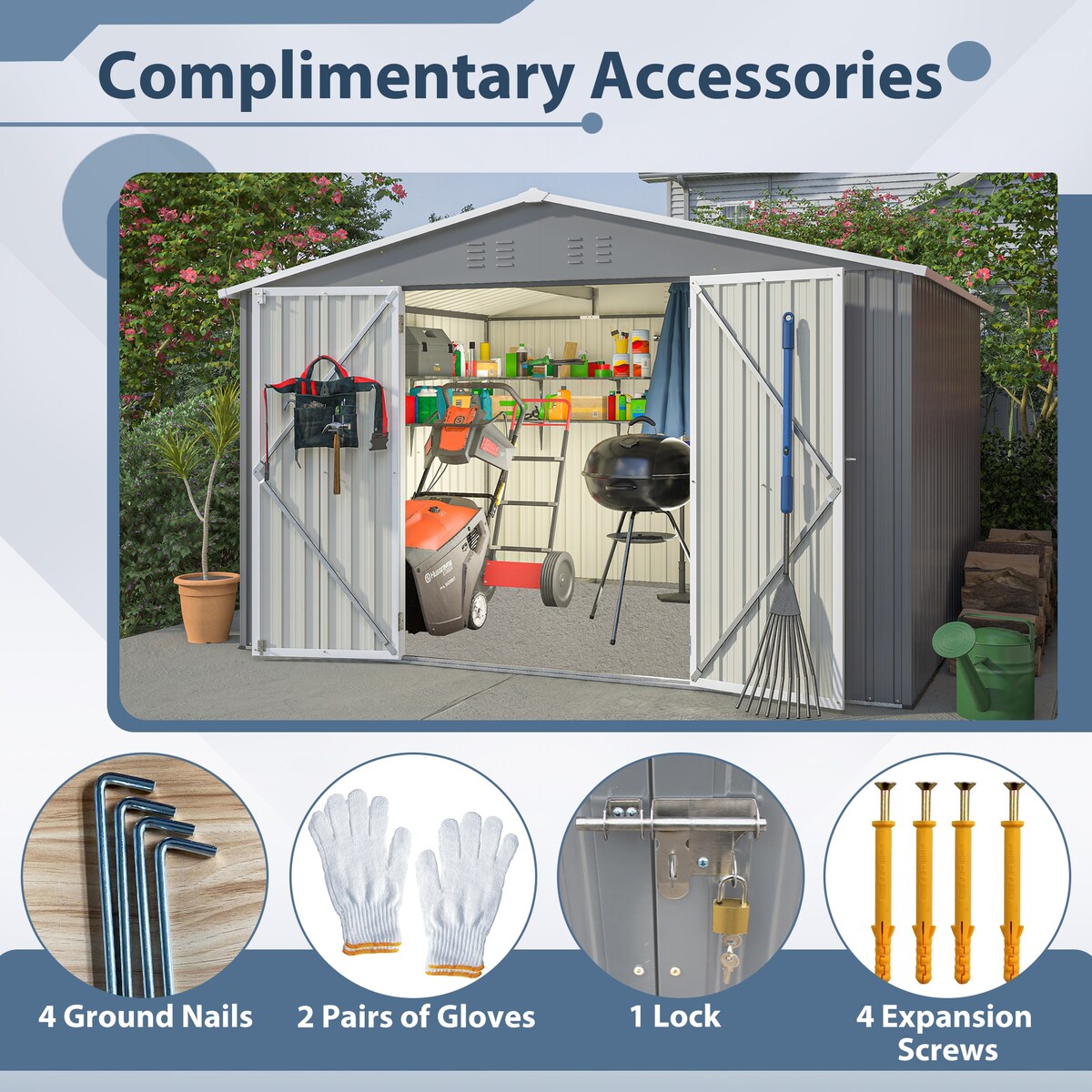 10X8 FT Outdoor Storage Shed, All Weather Metal Sheds with Metal Foundation & Lockable Doors, Tool Shed for Garden, Patio
