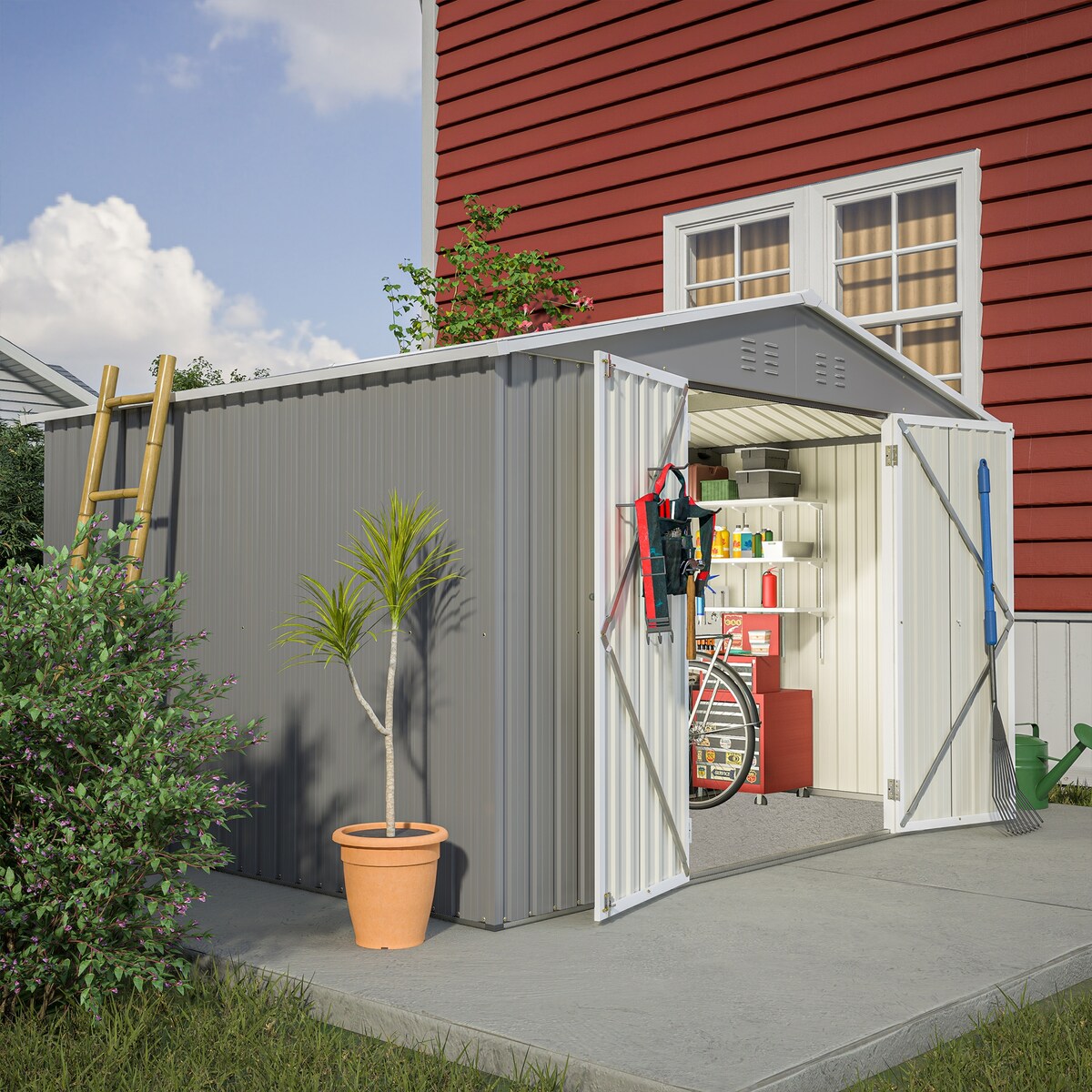 10X8 FT Outdoor Storage Shed, All Weather Metal Sheds with Metal Foundation & Lockable Doors, Tool Shed for Garden, Patio