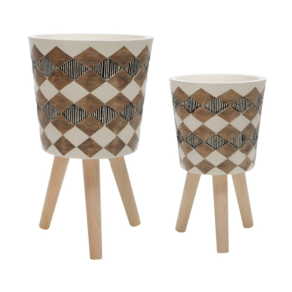 10"/12" Brown Polyresin Diamond Planter With Wood Legs (Set of 2)