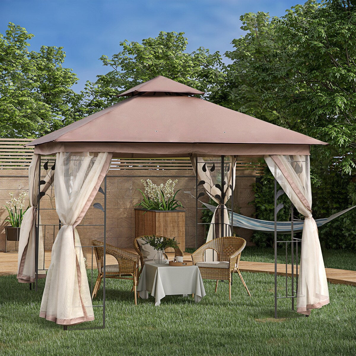 10' x 10' Metal Double Roof Outdoor Gazebo Canopy Shelter with Netting