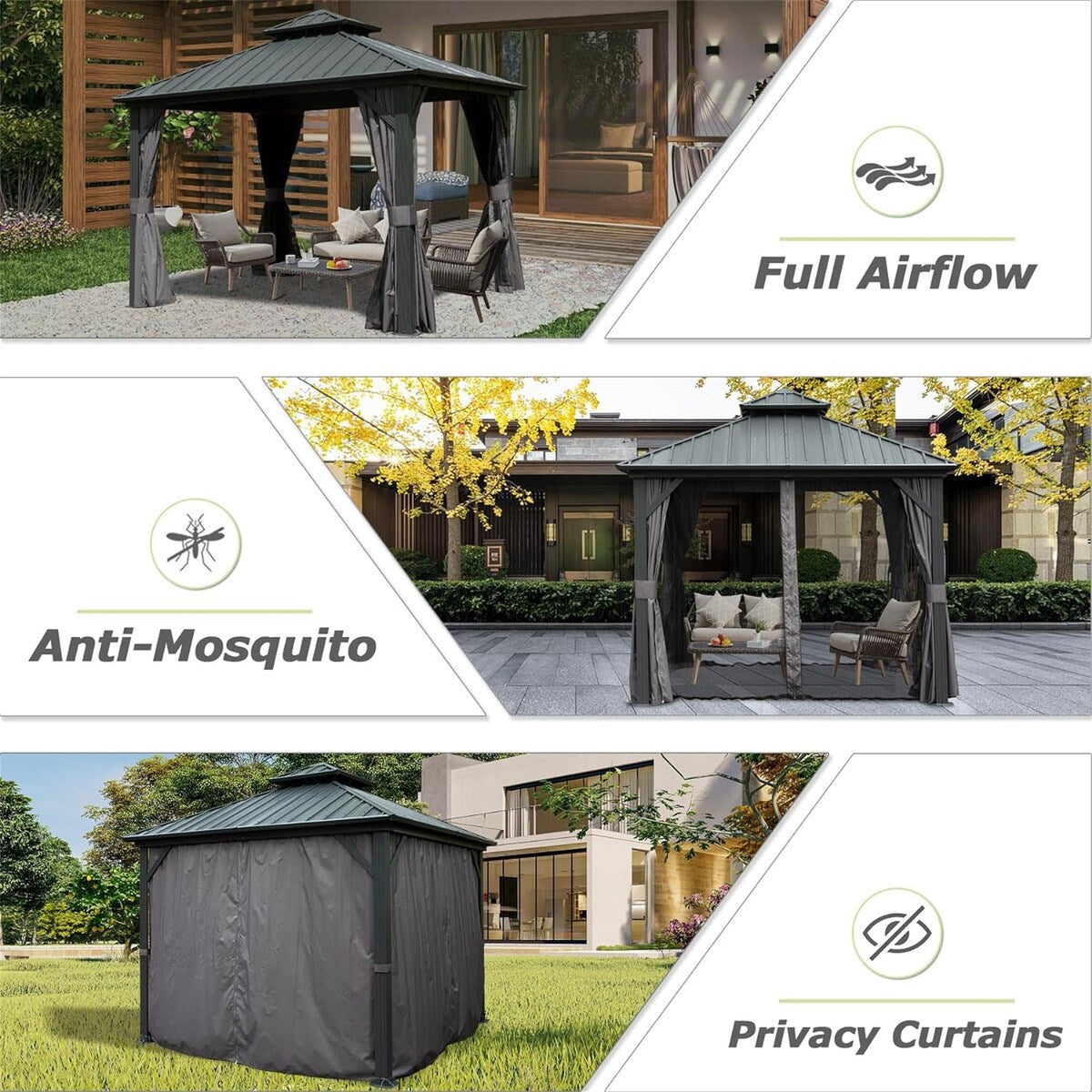 10' x 10' Outdoor Aluminum Metal Hardtop Gazebo with Galvanized Steel Double Roof with Curtain and Netting