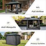 10' x 10' Outdoor Aluminum Metal Hardtop Gazebo with Galvanized Steel Double Roof with Curtain and Netting