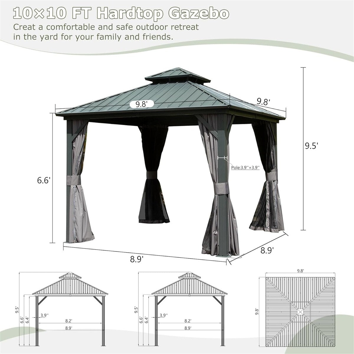 10' x 10' Outdoor Aluminum Metal Hardtop Gazebo with Galvanized Steel Double Roof with Curtain and Netting