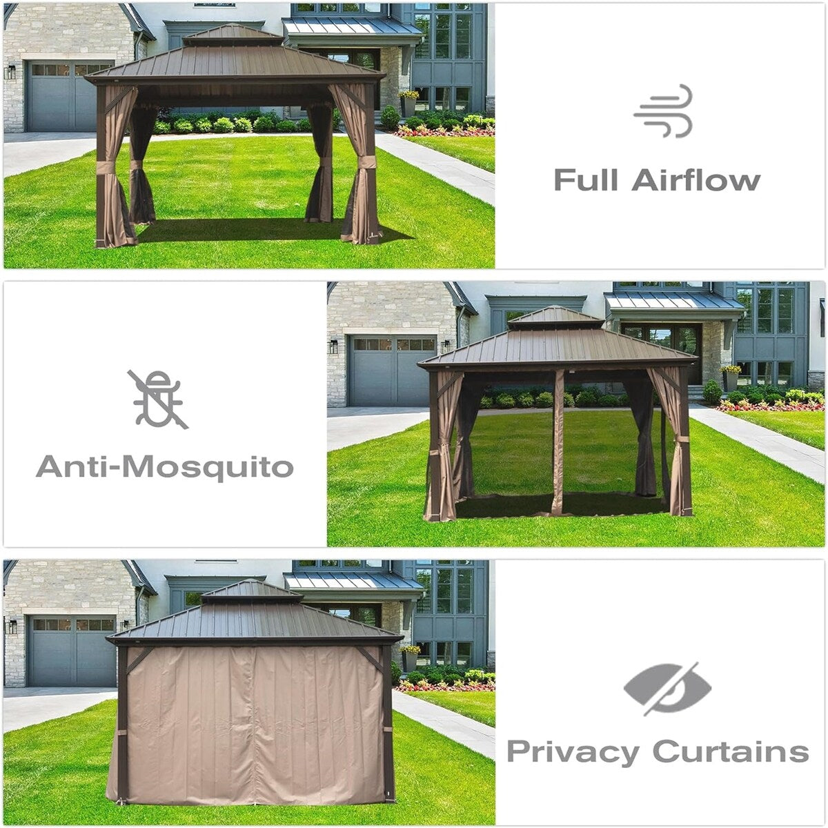 10' x 10' Outdoor Aluminum Metal Hardtop Gazebo with Galvanized Steel Double Roof with Curtain and Netting