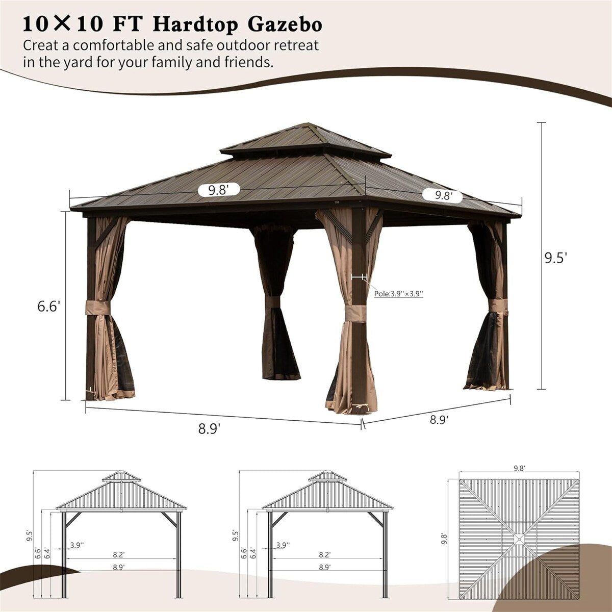 10' x 10' Outdoor Aluminum Metal Hardtop Gazebo with Galvanized Steel Double Roof with Curtain and Netting