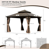 10' x 10' Outdoor Aluminum Metal Hardtop Gazebo with Galvanized Steel Double Roof with Curtain and Netting