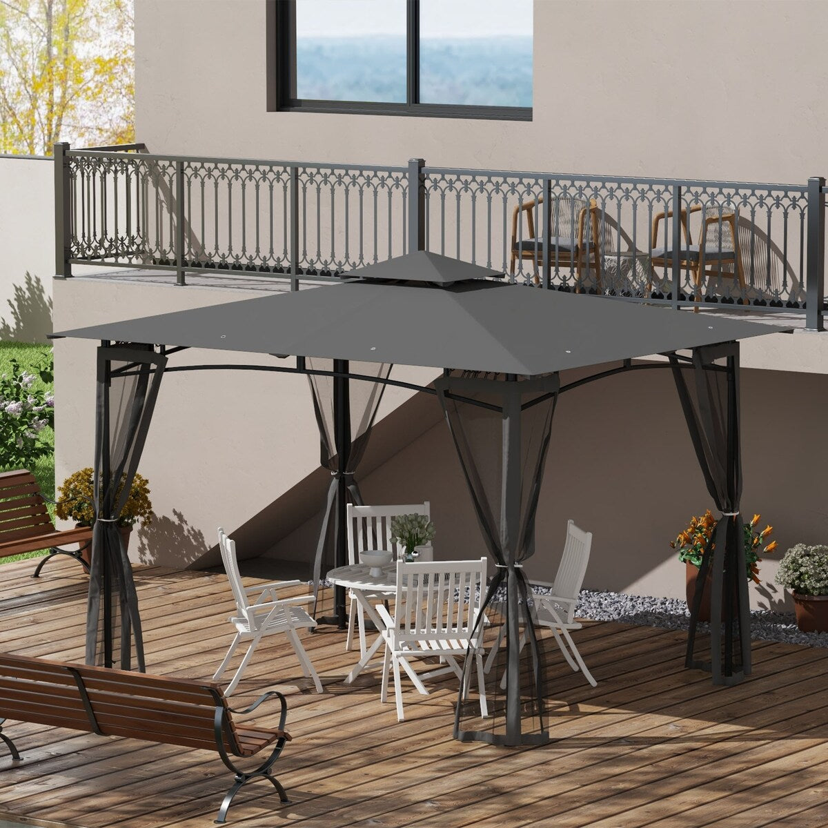 10' x 12' Double Roof Outdoor Gazebo Canopy Shelter, Netting