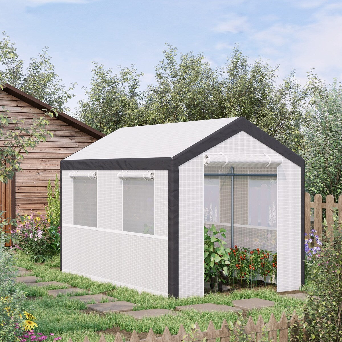 10' x 7' x 7' Walk-In Greenhouse, Outdoor Garden Warm Hot House with 4 Roll-up Windows, 2 Zippered Doors and Weather Cover,White