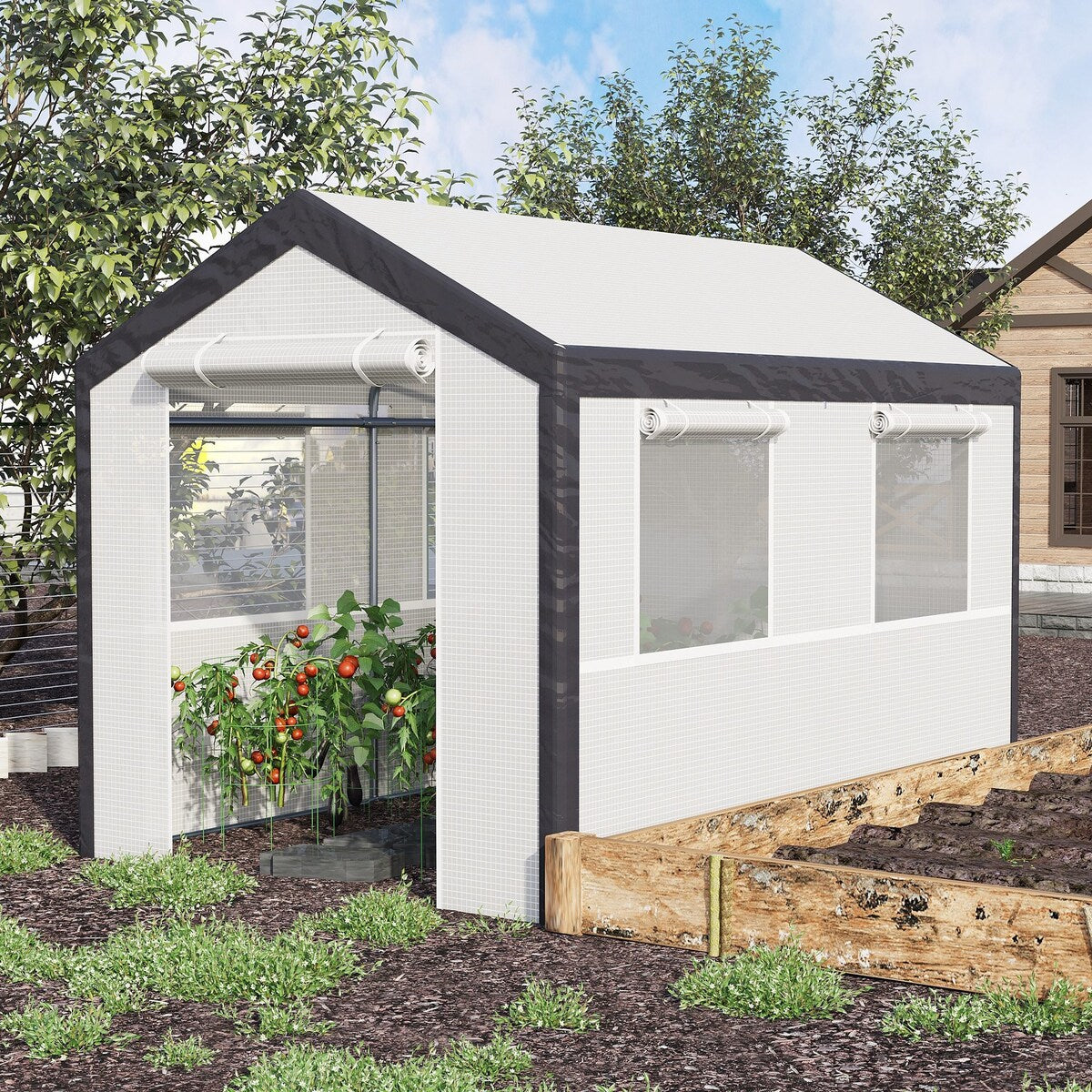 10' x 7' x 7' Walk-In Greenhouse, Outdoor Garden Warm Hot House with 4 Roll-up Windows, 2 Zippered Doors and Weather Cover,White