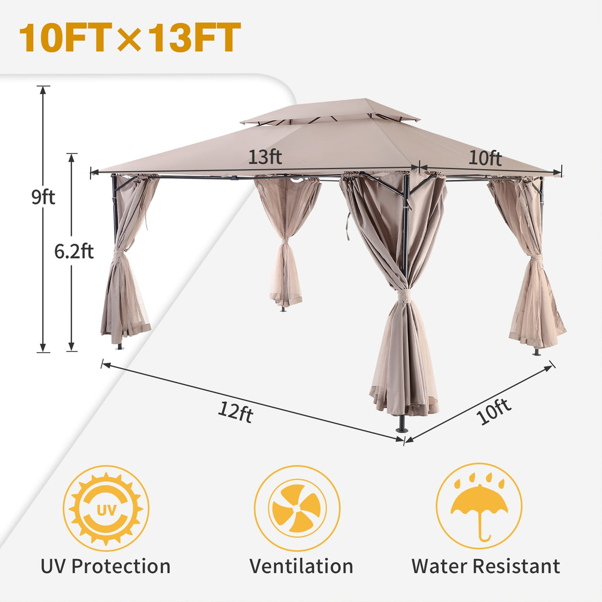 10'x13' Gazebo for Patios Tent Outdoor Canopy Shelter