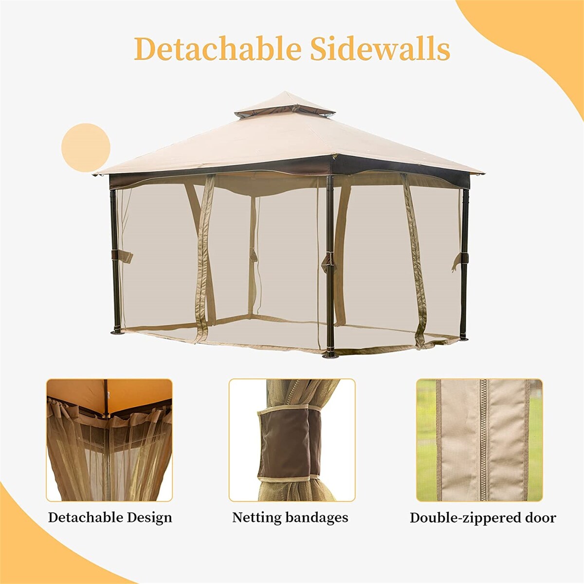 10'x13' Gazebo, Outdoor Gazebo with Mosquito Netting