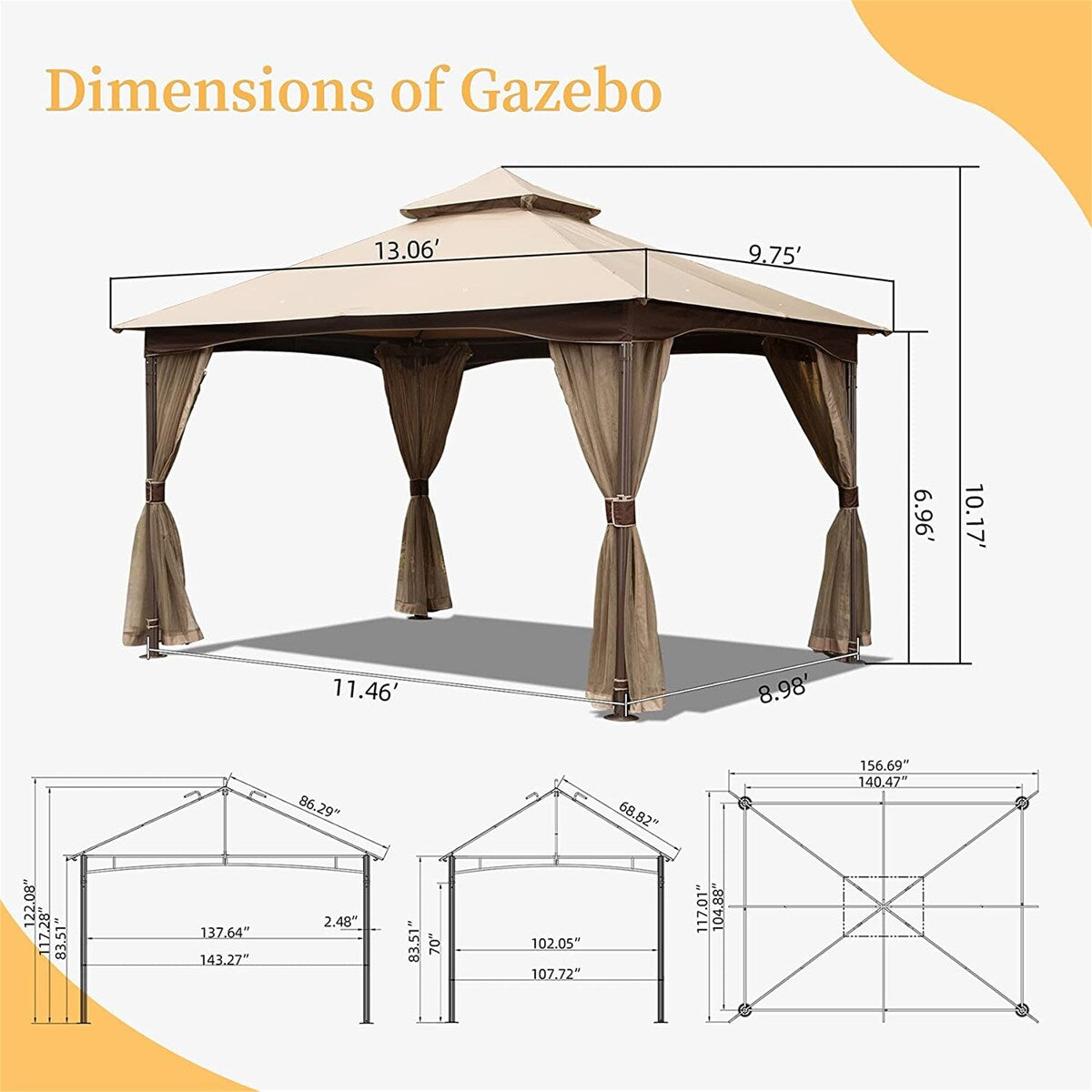 10'x13' Gazebo, Outdoor Gazebo with Mosquito Netting
