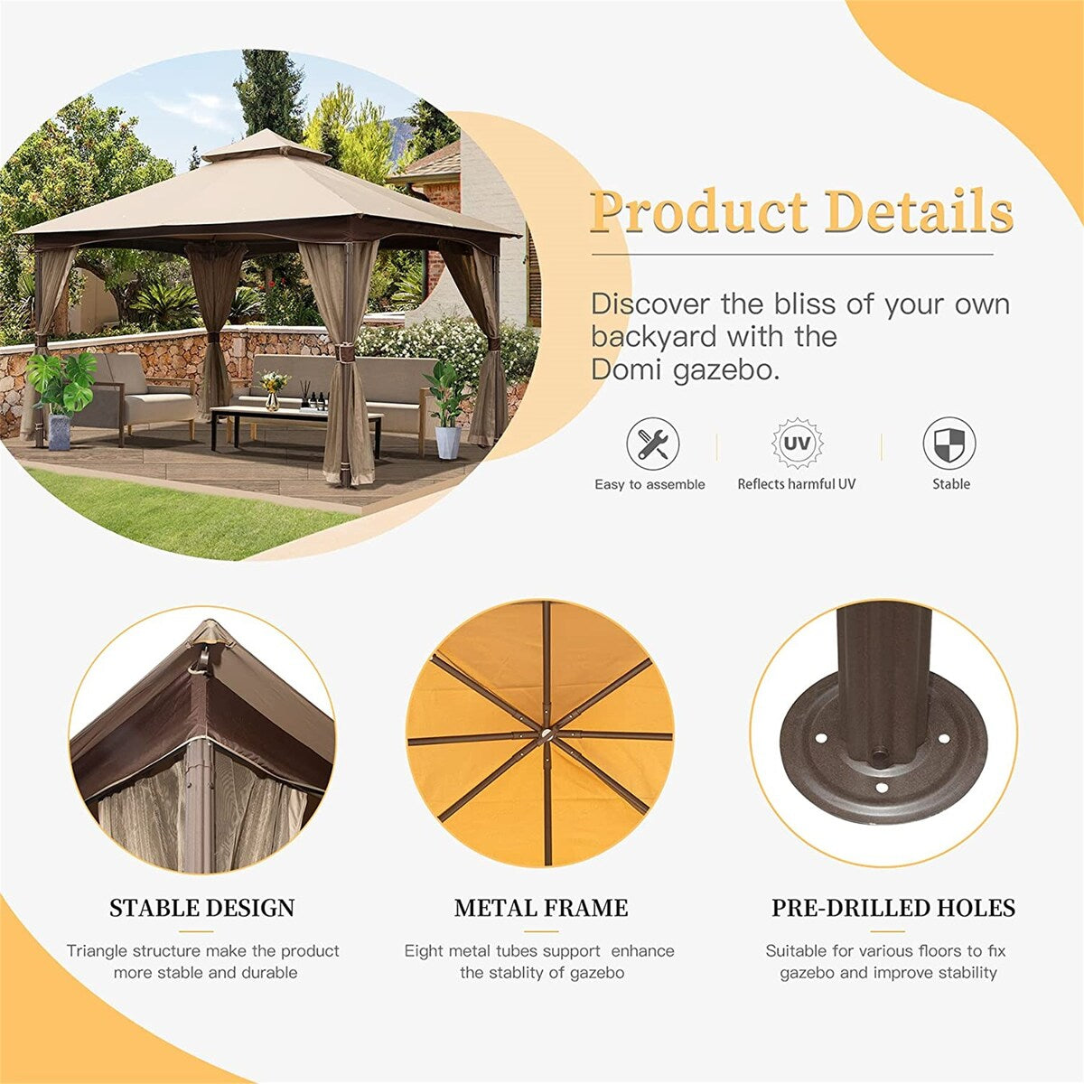 10'x13' Gazebo, Outdoor Gazebo with Mosquito Netting