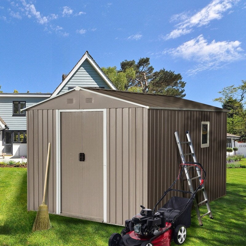 10ft x 8ftGrey Outdoor Metal Storage Shed with Metal Floor Base,with Window