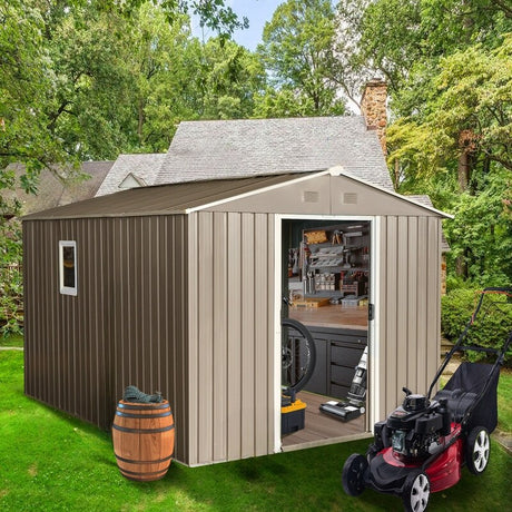 10ft x 8ftGrey Outdoor Metal Storage Shed with Metal Floor Base,with Window