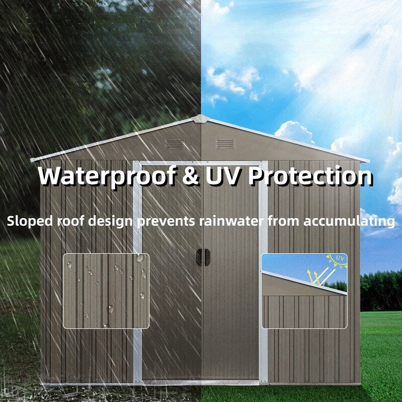 10ft x 8ftGrey Outdoor Metal Storage Shed with Metal Floor Base,with Window