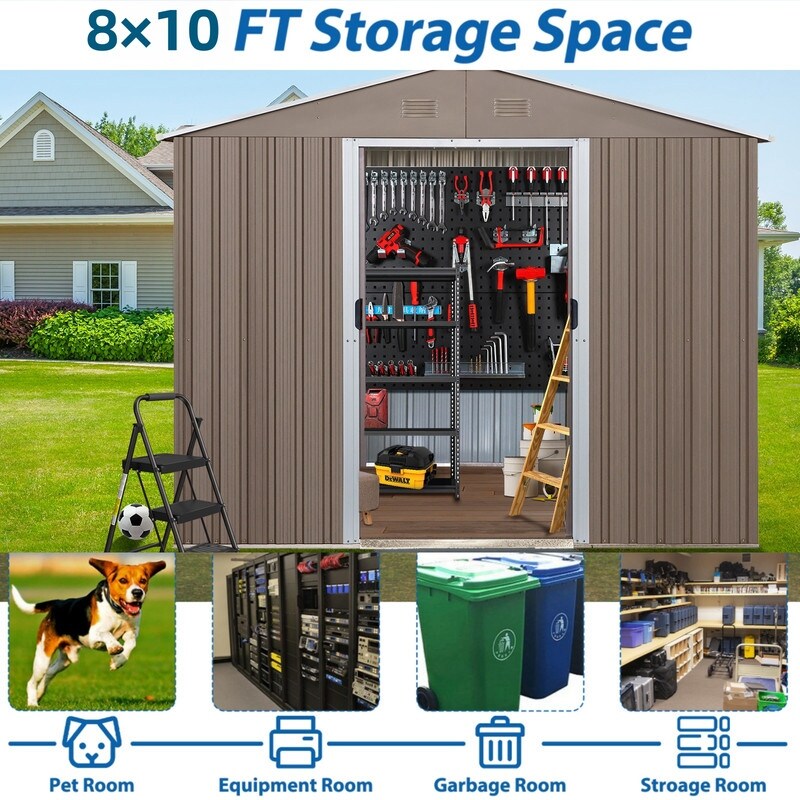 10ft x 8ftGrey Outdoor Metal Storage Shed with Metal Floor Base,with Window