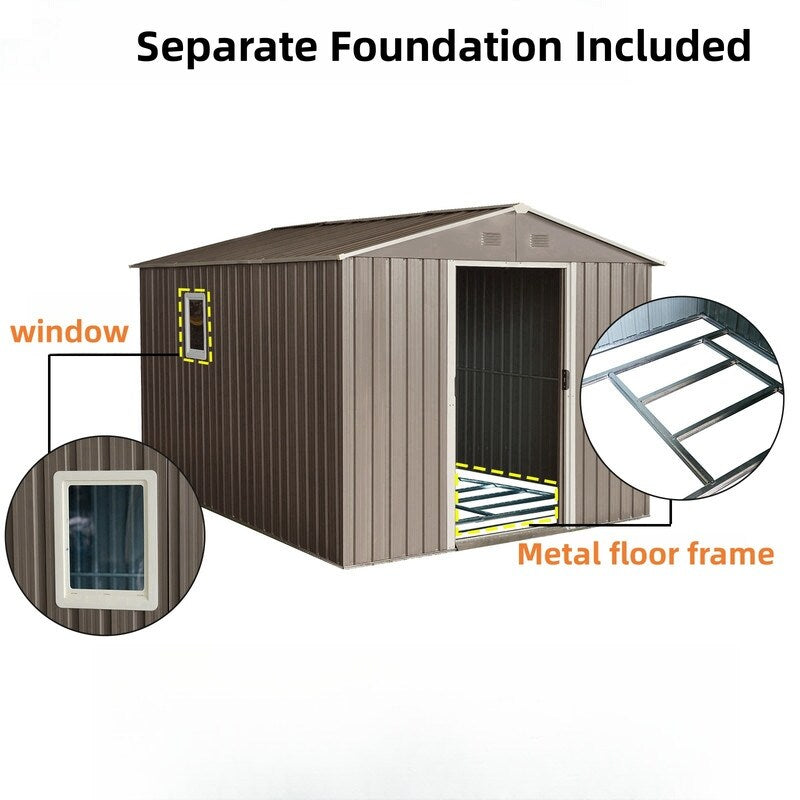10ft x 8ftGrey Outdoor Metal Storage Shed with Metal Floor Base,with Window