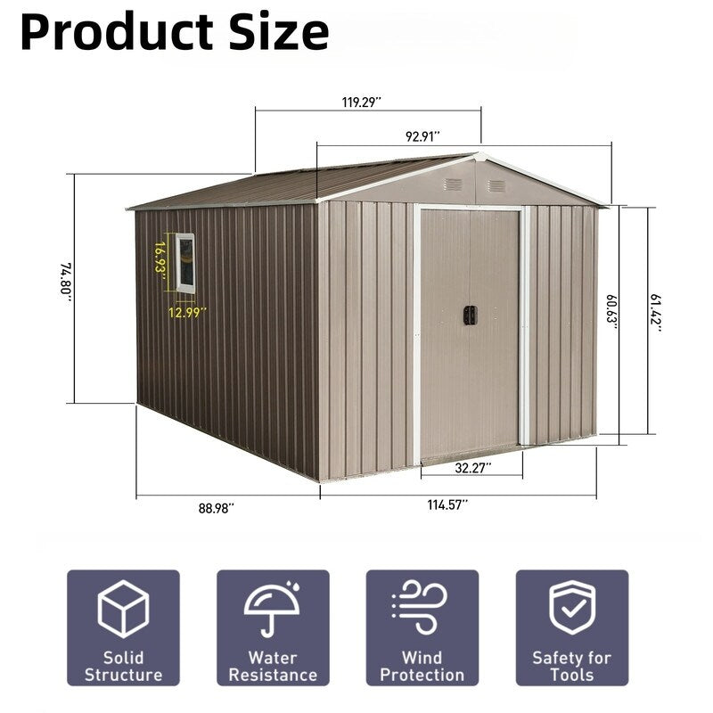 10ft x 8ftGrey Outdoor Metal Storage Shed with Metal Floor Base,with Window
