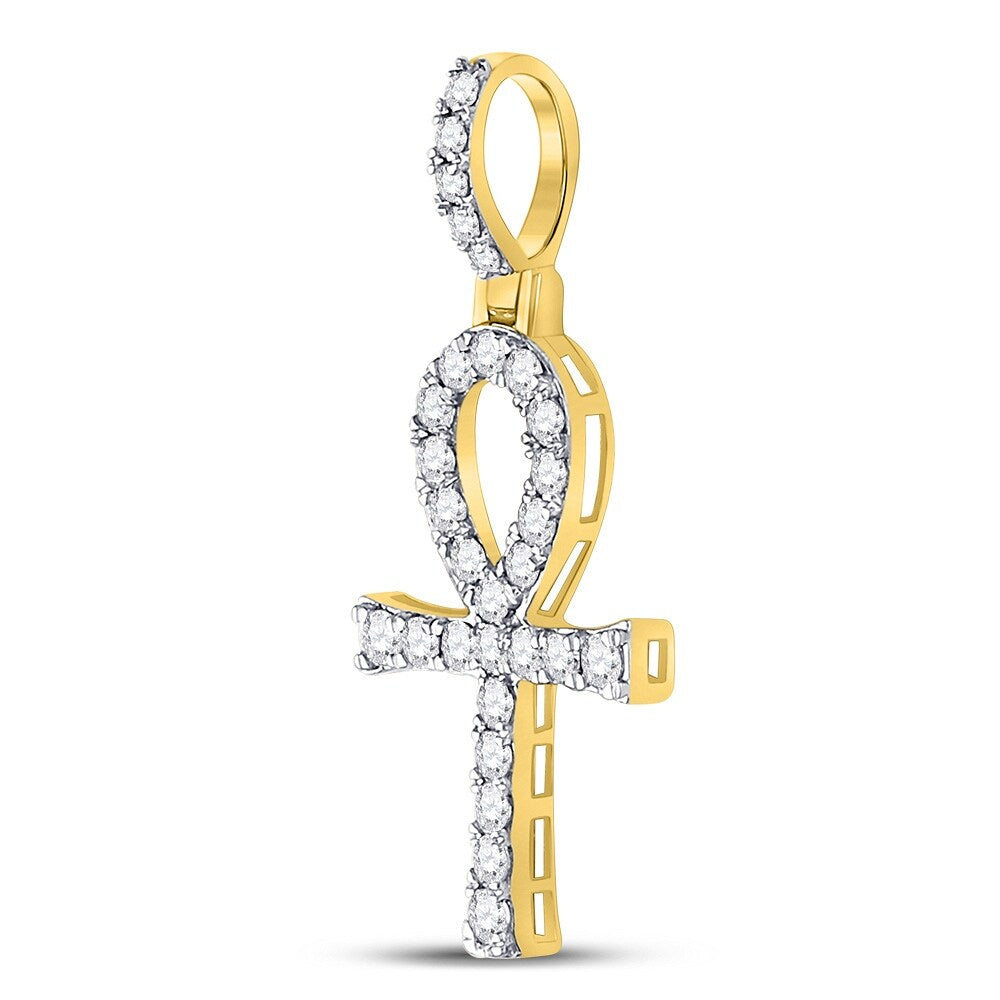 10k Yellow Gold Mens Round Diamond Ankh Cross Charm Pendant 1/2 Cttw