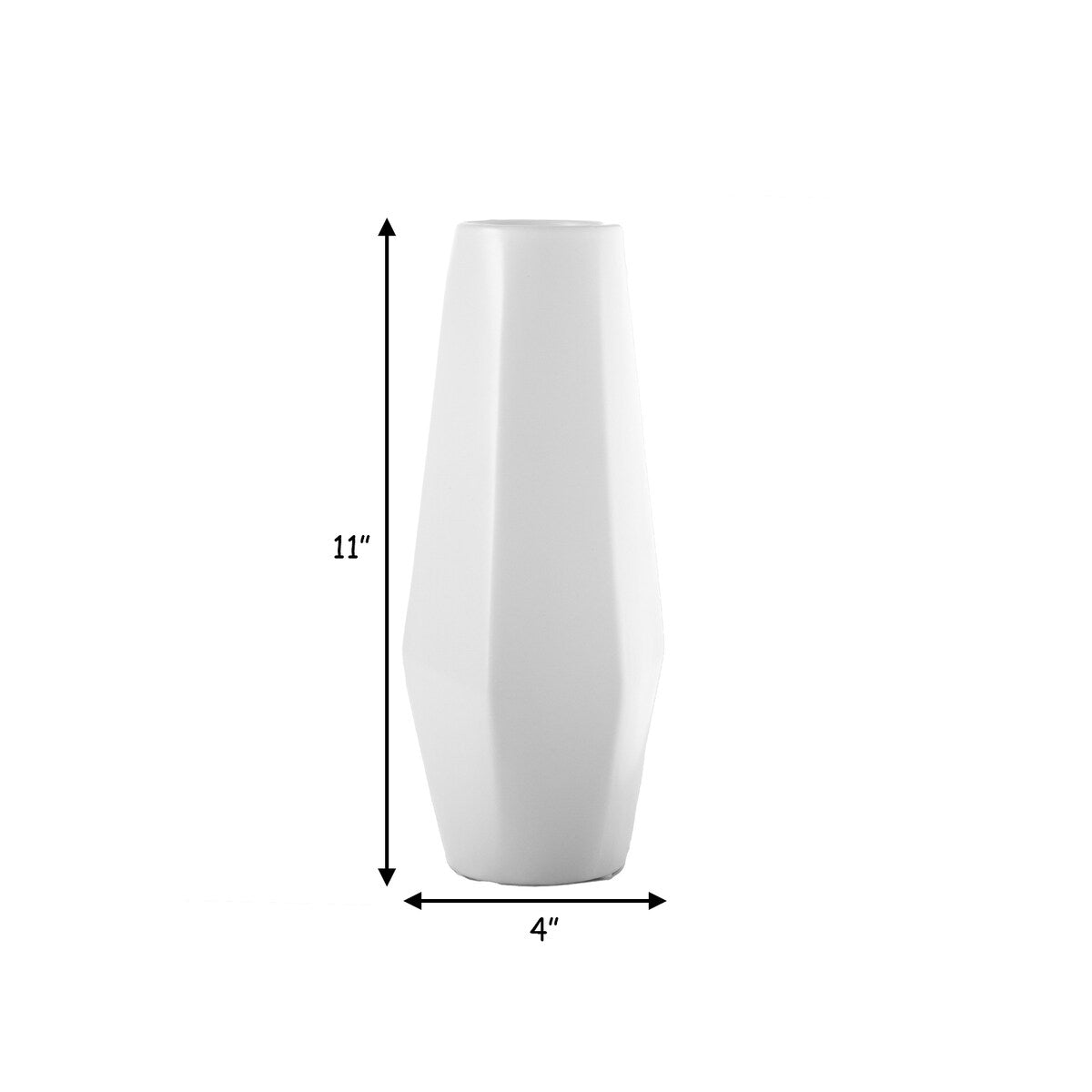 11 Inch Faceted Ceramic Vase, Tapered Bottom, Matte White