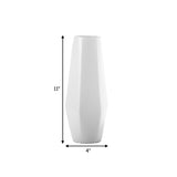11 Inch Faceted Ceramic Vase, Tapered Bottom, Matte White