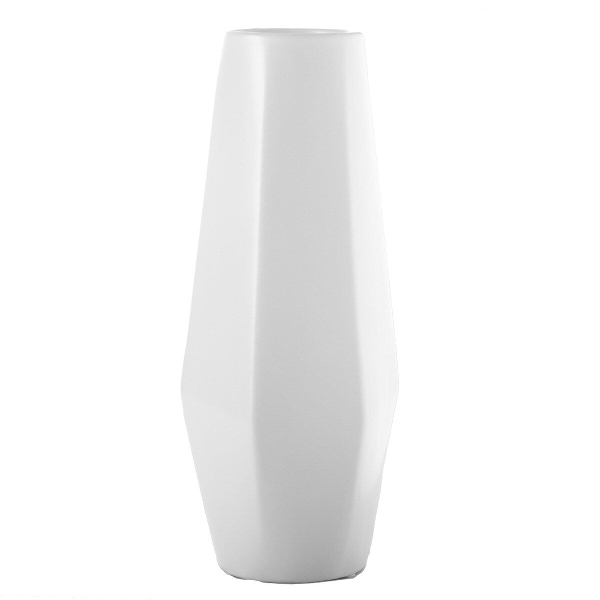 11 Inch Faceted Ceramic Vase, Tapered Bottom, Matte White