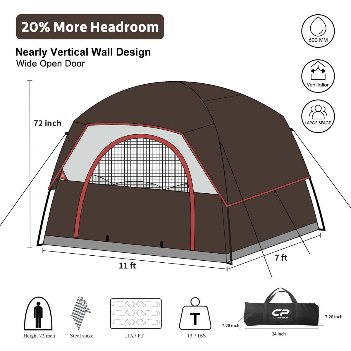 11 ft. x 7 ft. 6 Person Camping Tent with Mesh Windows, Carry Bag and Rainfly