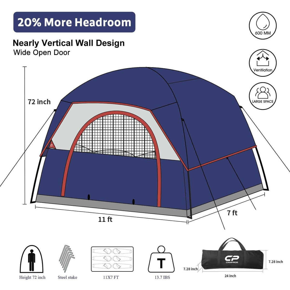 11 ft. x 7 ft. 6 Person Camping Tent with Mesh Windows, Carry Bag and Rainfly