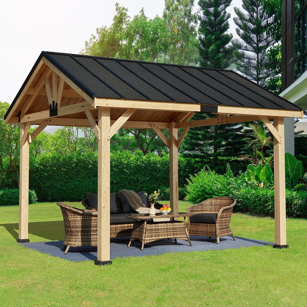 11 x 11 ft Resilient Spruce Pergola with Asphalt Roof, All-Season Canopy